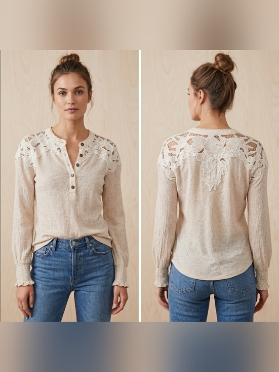Free People Tops - Free People We The Free Ivory Crochet Lace Yoke Thermal Henley Top Size S